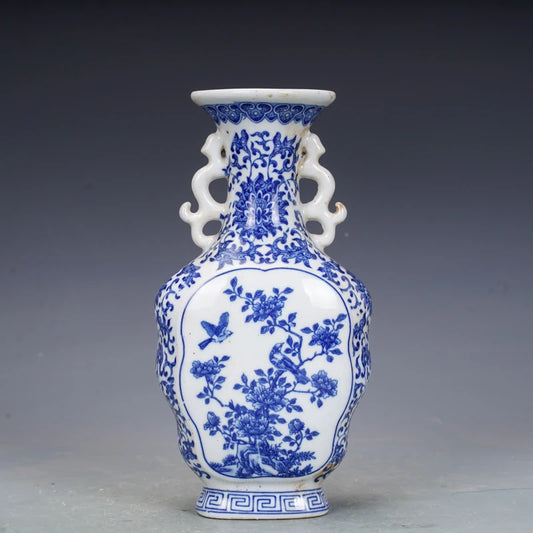 Qing Dynasty Qianlong Porcelain Blue And White Flower And Bird Design Two Ear Vase Antique Porcelain Jingdezhen Ornaments