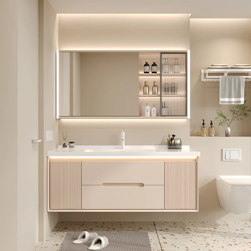 Light Luxury Cream Bathroom Cabinet Combination Modern Minimalist Ceramic Integrated Hand Wash Basin Washbasin Furniture YX50BC