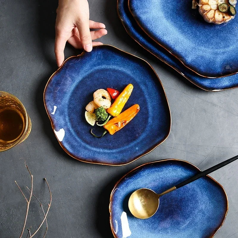 Ceramic Plates Deep Blue Irregular Flat Plate Pottery Dish Household Decoration Tableware Dinnerware Tray Hotel Kitchen Supplies