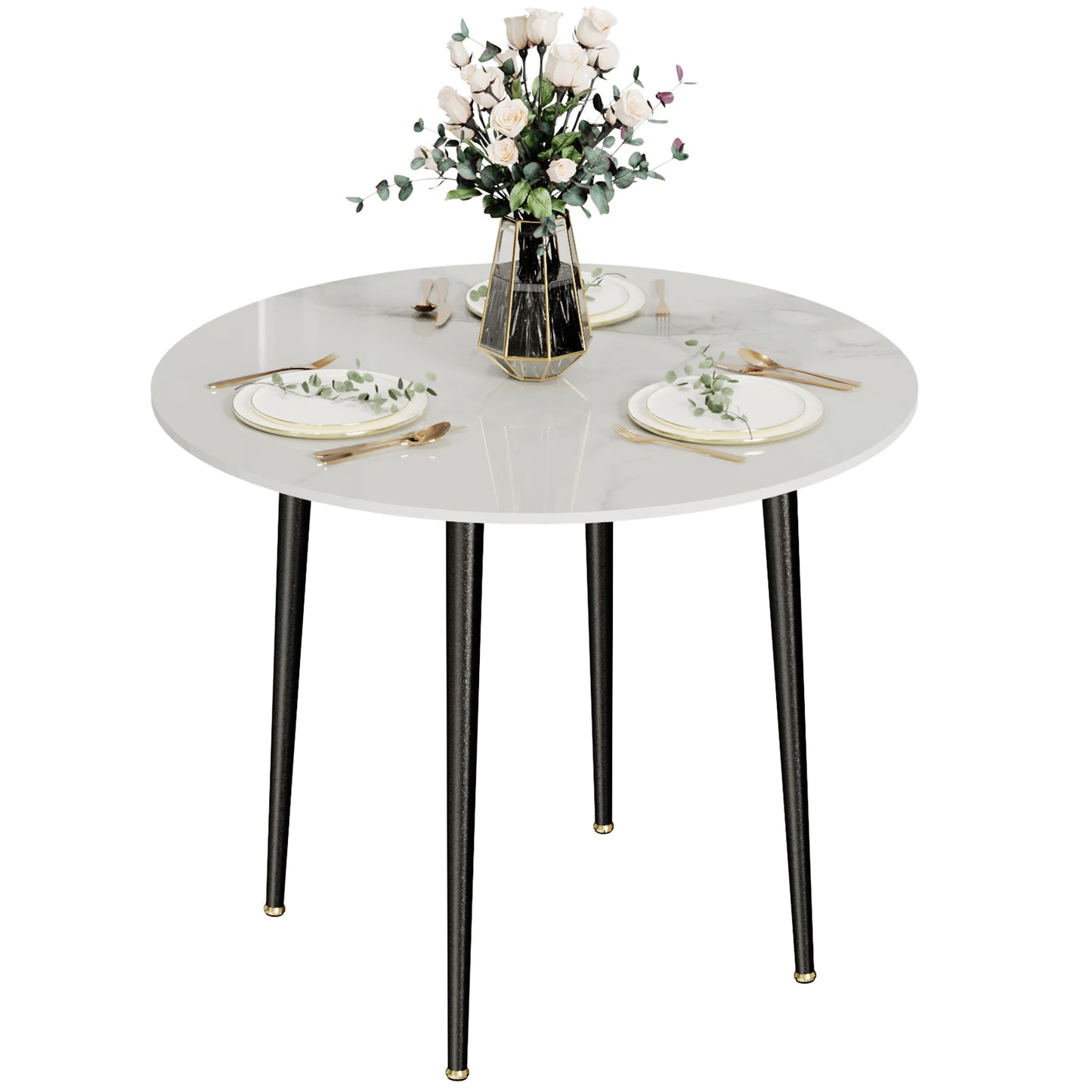 32" Sintered Stone Dining Table Round Reception Coffee Table for 2-4 Person - Small Kitchen Table with Black Metal Legs