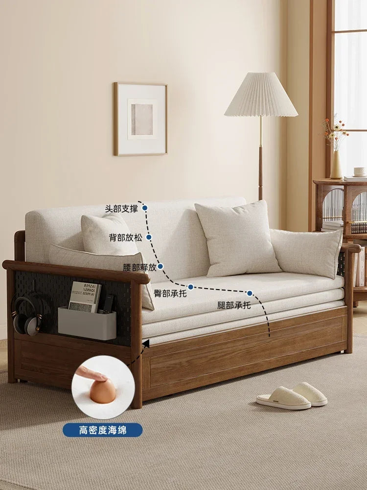 bed Solid wood sofa , living room, push-pull , simple household small family sofa, net red multifunctional folding Arhat