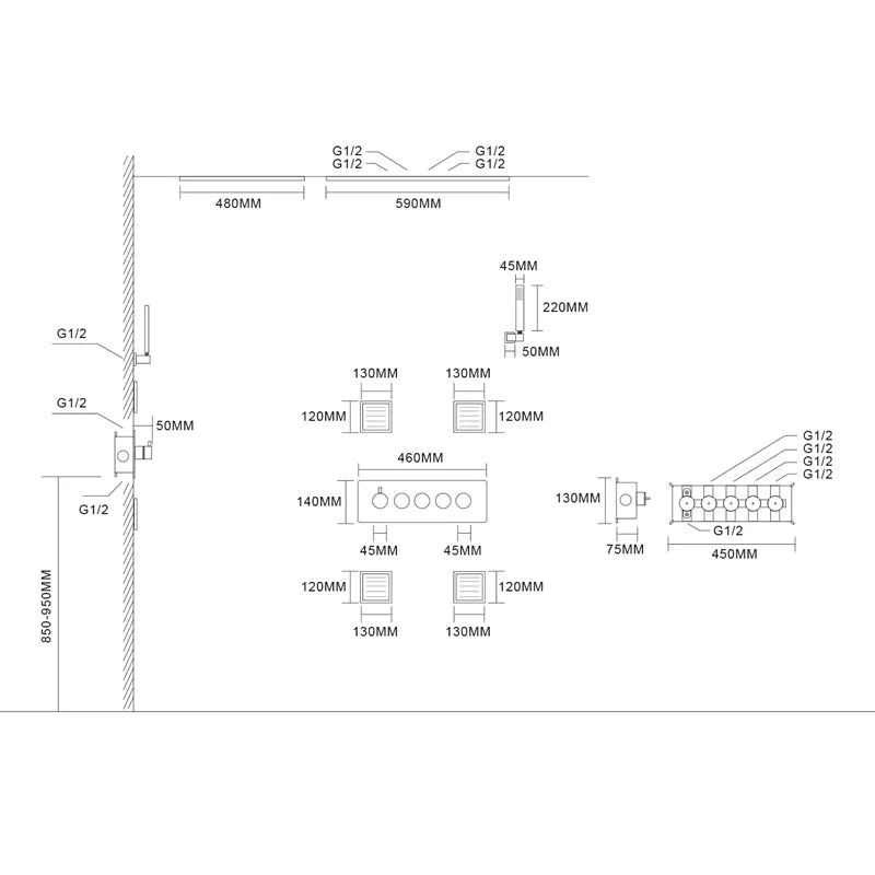 Luxury Bathroom Thermostatic Ceiling Mounted Brass Valve Shower Set 480*590mm Shower Head with Brass Body Jet