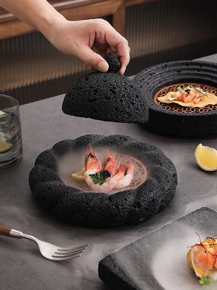 Creative Volcano Stone Plate Japanese Hotel Tableware Sushi Set Plate Circular Steak Plate Dining Plate Black Plate