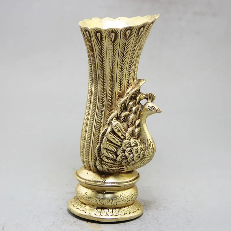 Brass Peacock Vase, China Style Vases, Chinese Living Modern Home Decor, Beauty Of Ancient Rhyme, 18CM*6.6CM, Desk Decoration