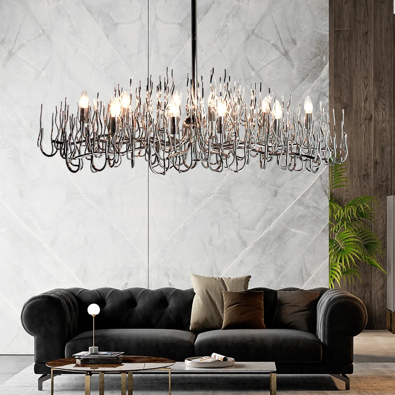 LED Living Room Dining Room Silver Rectangular Chandelier Hanging Branch Chandelier Kitchen Lsland Hanging Lamp Lighting Fixture