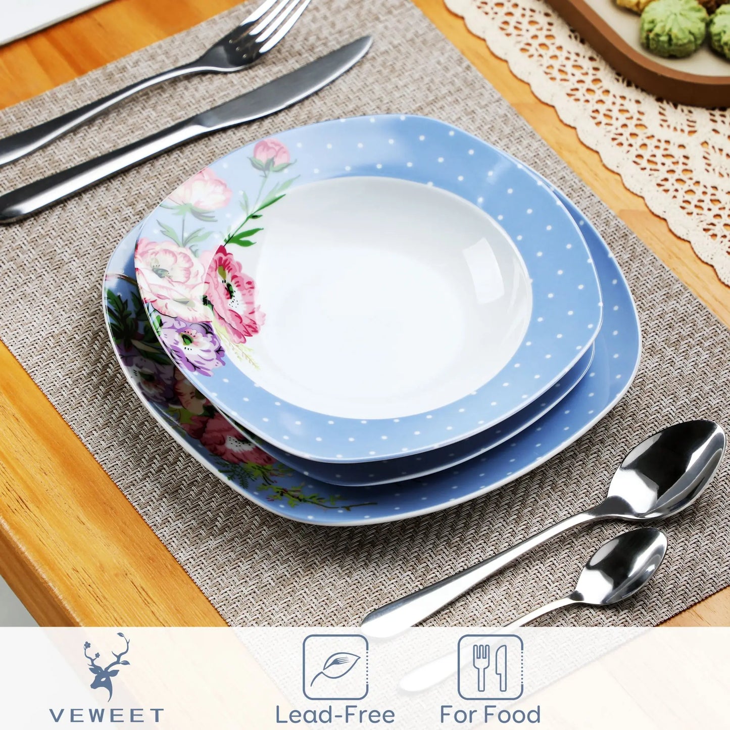 VEWEET Hannah Series 18/36 Piece Porcelain Ceramic Kitchen Tableware Dishes Plate Set with Dinner,Dessert,Soup Plate For 6/12