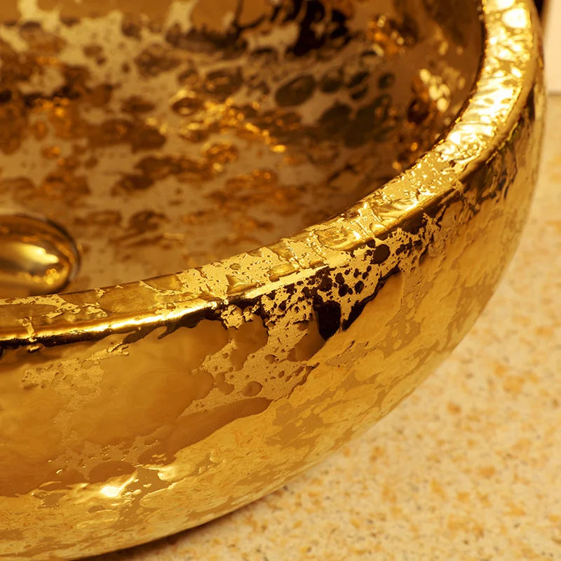 Jingdezhen Luxury Gold Bathroom Vessel Sink Ceramic Counter Top Wash Basin Porcelain Round Sink Bowl Vanity Sinks