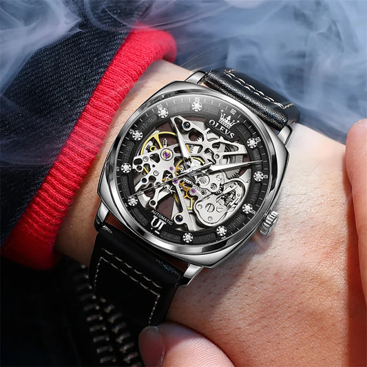 New OLEVS Top Luxury Fashion Watch Waterproof Mens Skeleton Square Dial Automatic Mechanical Wristwatch Relogio Masculino