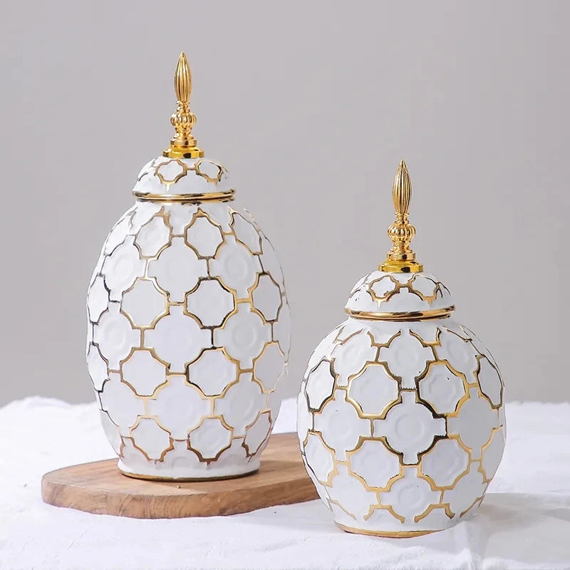 Luxury Electroplated Gold Plaid Ceramic General Jar Artwork Storage Jar Hotel Display Vase Home Decoration Dry Flower Vase