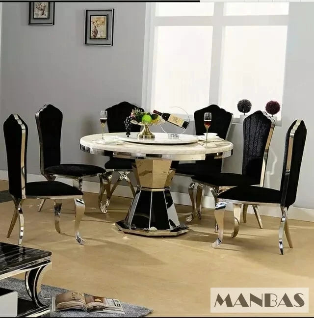 MANBAS Stainless Steel Dining Room Set Home Furniture Modern Roundle Marble Dining Table and 4 Chairs for Kitchen Dinner Set