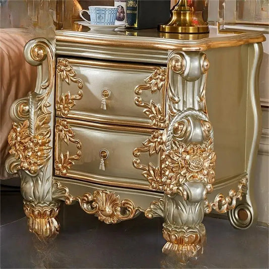 European style bedside table American luxury bedroom gold and silver solid wood carved bedside table