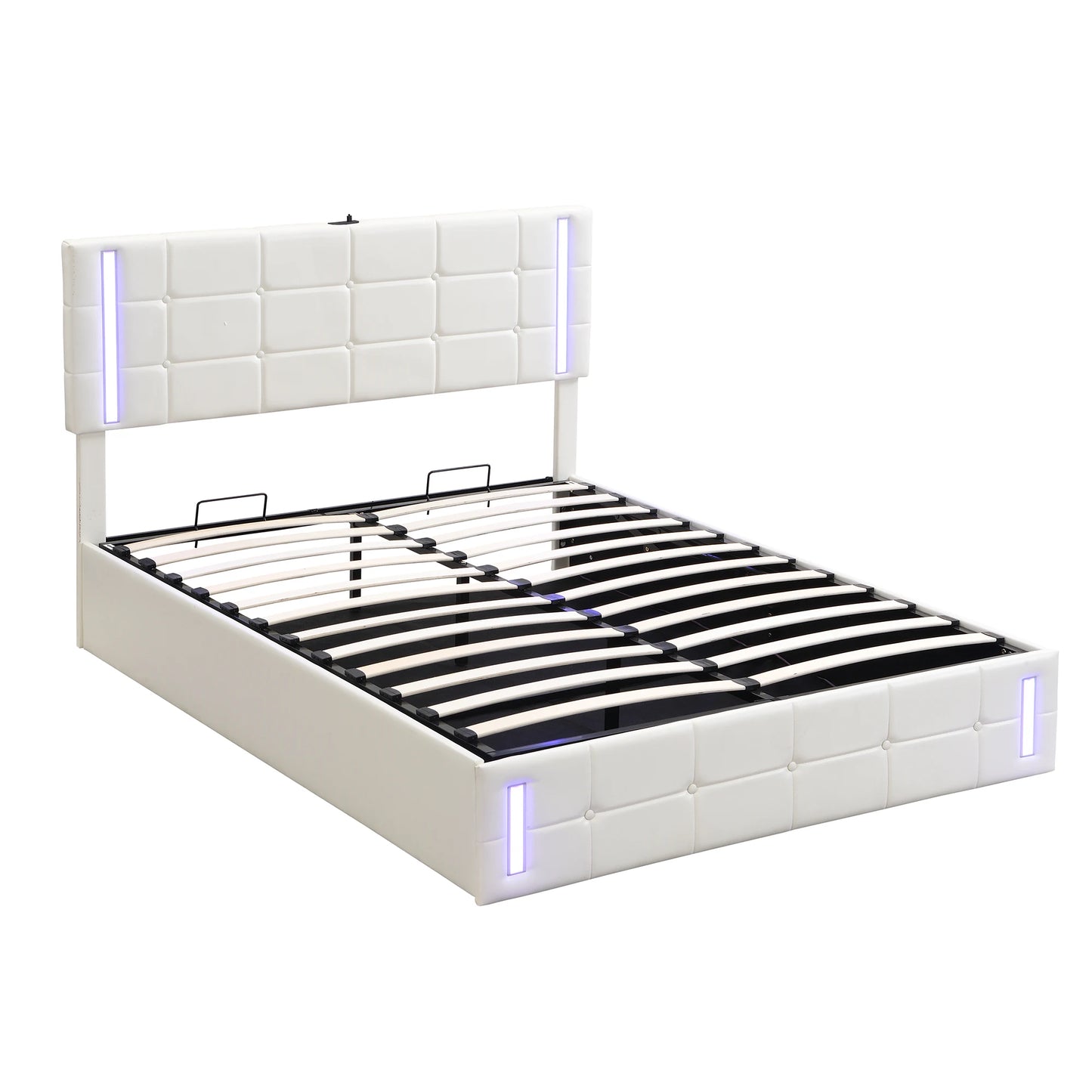 Full Size Upholstered Bed with LED Lights, Hydraulic Storage System and USB Charging Station, White  76.80x56.30x39 in.