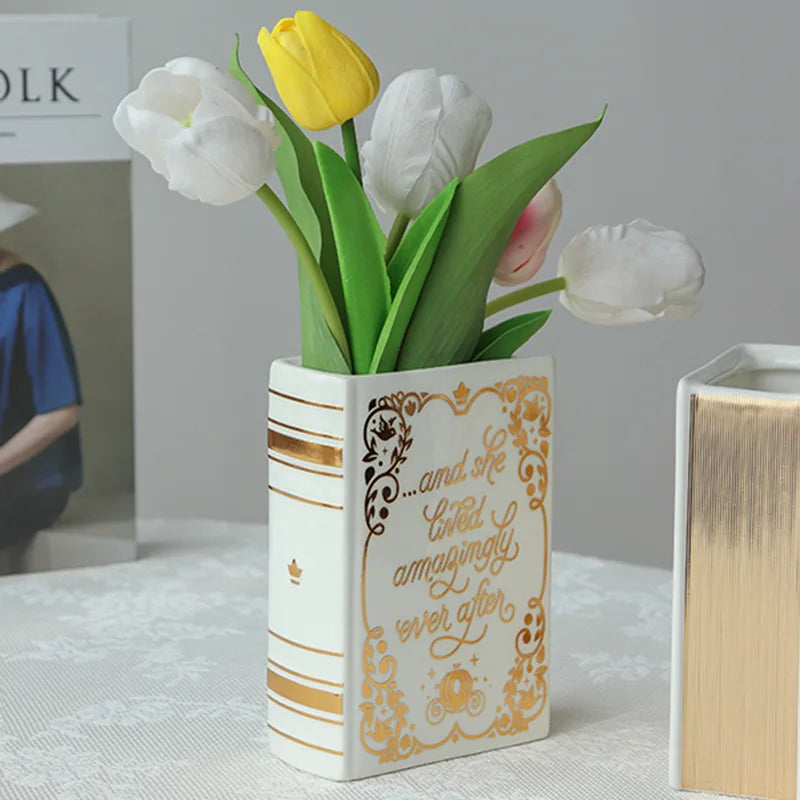 Luxury Ceramic Gold Book Vase Northern European Modern Flower vaseTable Vase Wedding Hydroponics Room Plant Vase Decoration