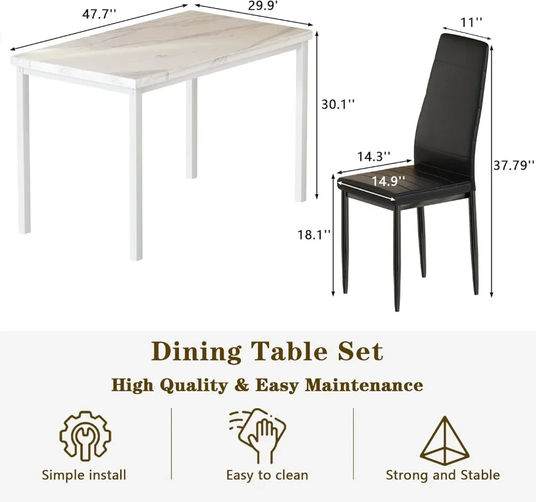 Space Saving Kitchen Table and Chairs Set of 4 5 Pieces Faux Marble Dinette Dining Room Furniture Set with 4 Leather Chairs