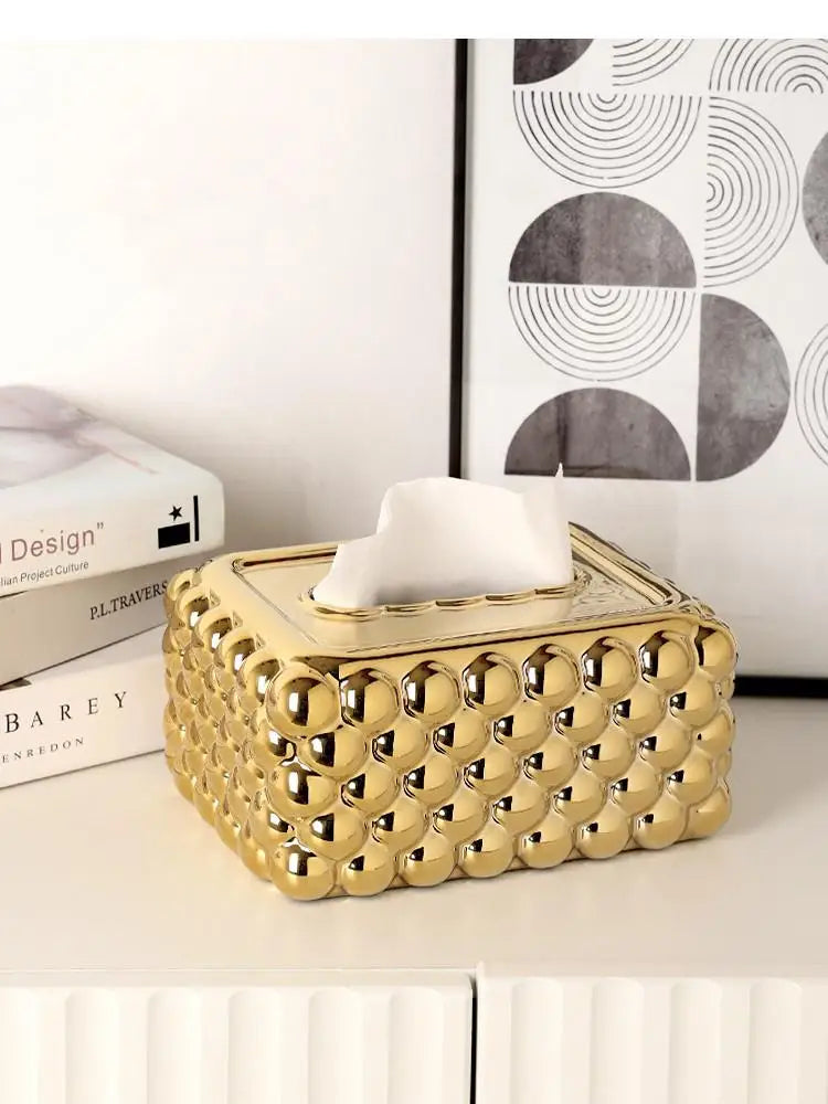 Light Luxury Gold Rectangle Relief Bubble Tissue Box Ceramic Crafts Living Room Decoration Box Napkin Holder Household Products