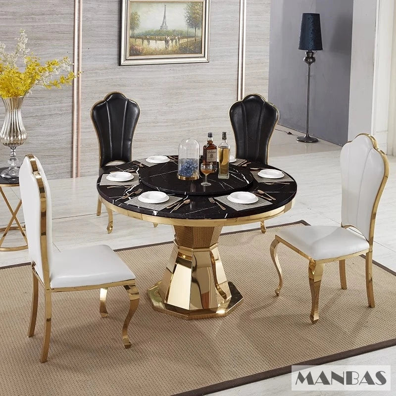 MANBAS Stainless Steel Dining Room Set Home Furniture Modern Roundle Marble Dining Table and 4 Chairs for Kitchen Dinner Set