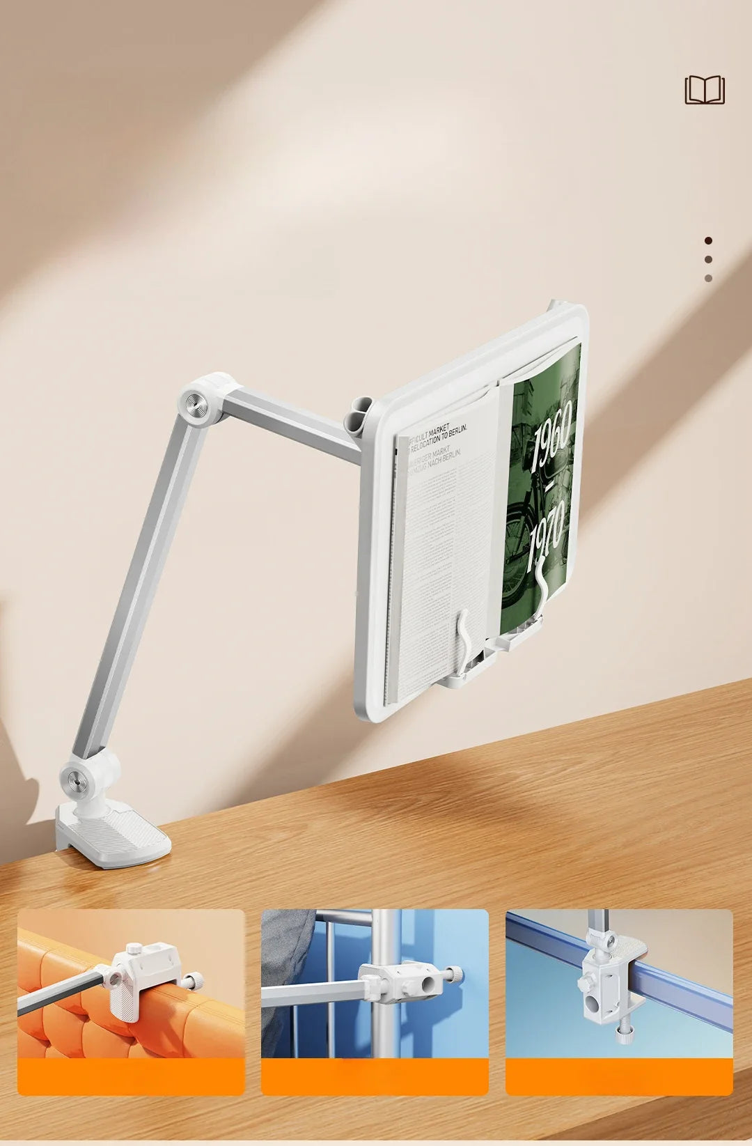 Eary Book Stand for Reading Adjustable Book Holder with 360°Rotating Clamp Desktop Reading Holder for Tablet Laptop Textbook