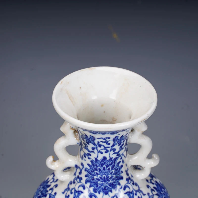 Qing Dynasty Qianlong Porcelain Blue And White Flower And Bird Design Two Ear Vase Antique Porcelain Jingdezhen Ornaments