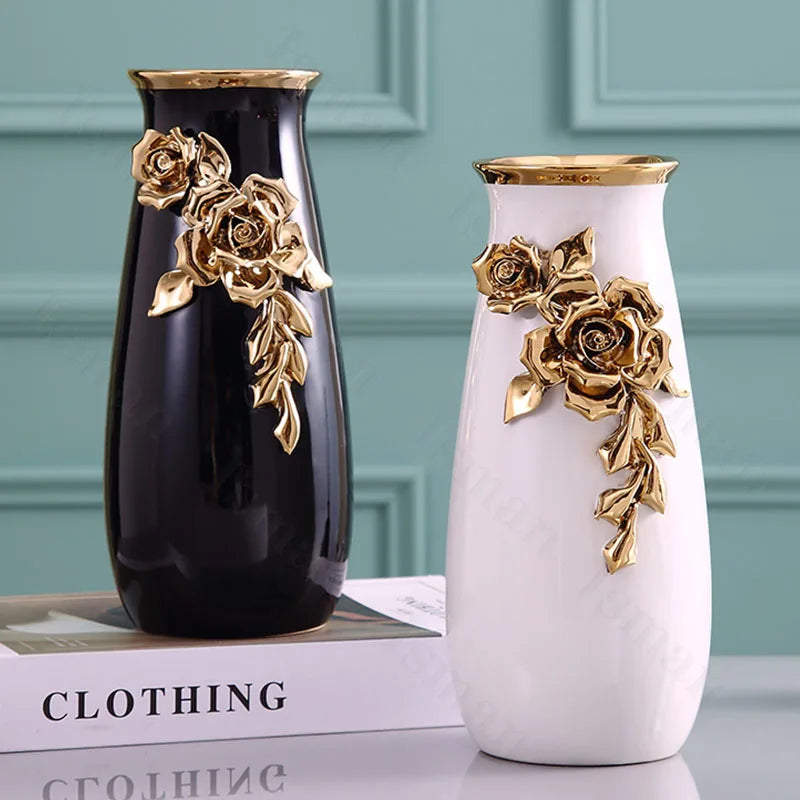 Nordic Gold Flower Relief Ceramic Vase Ornaments Light Luxury Ikebana Dried Flower Vases Modern Decor Living Room Decoration