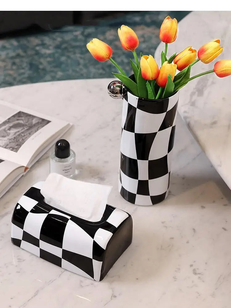 Light Luxury Black and White Geometry Checkered Ceramic Vase Tissue Box Paper Box Dining Table Decoration Nordic Decoration Home