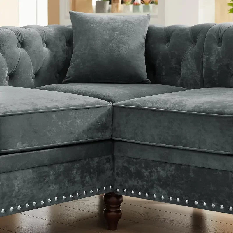 Tufted Upholstered Roll Arm Luxury Classic Chesterfield L-shaped Sofa 3 Pillows Included, Solid Wood Gourd Legs