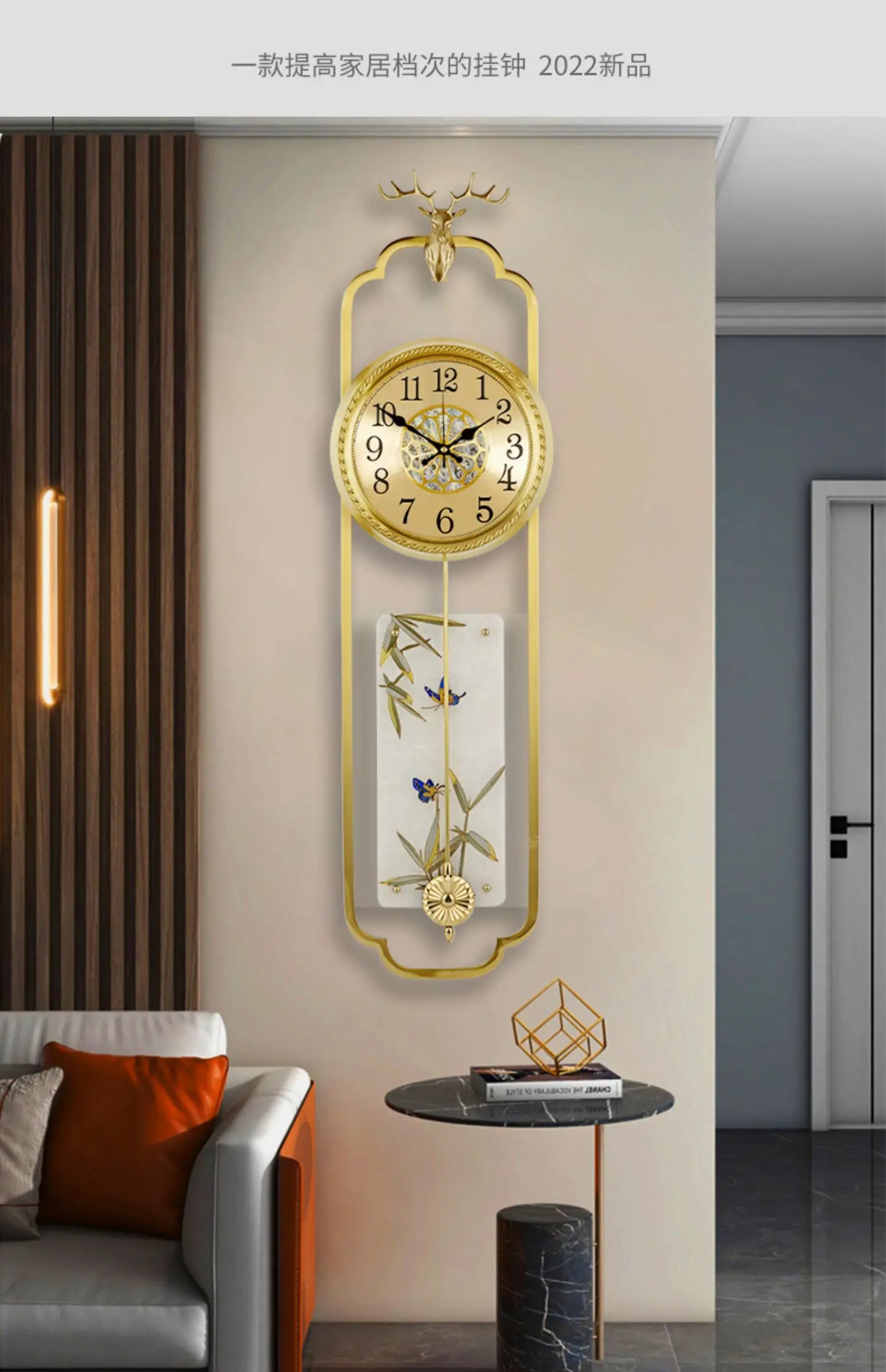 Wall clock, Chinese style light luxury pure brass living room wall clock, European retro creative art, atmospheric pendulum