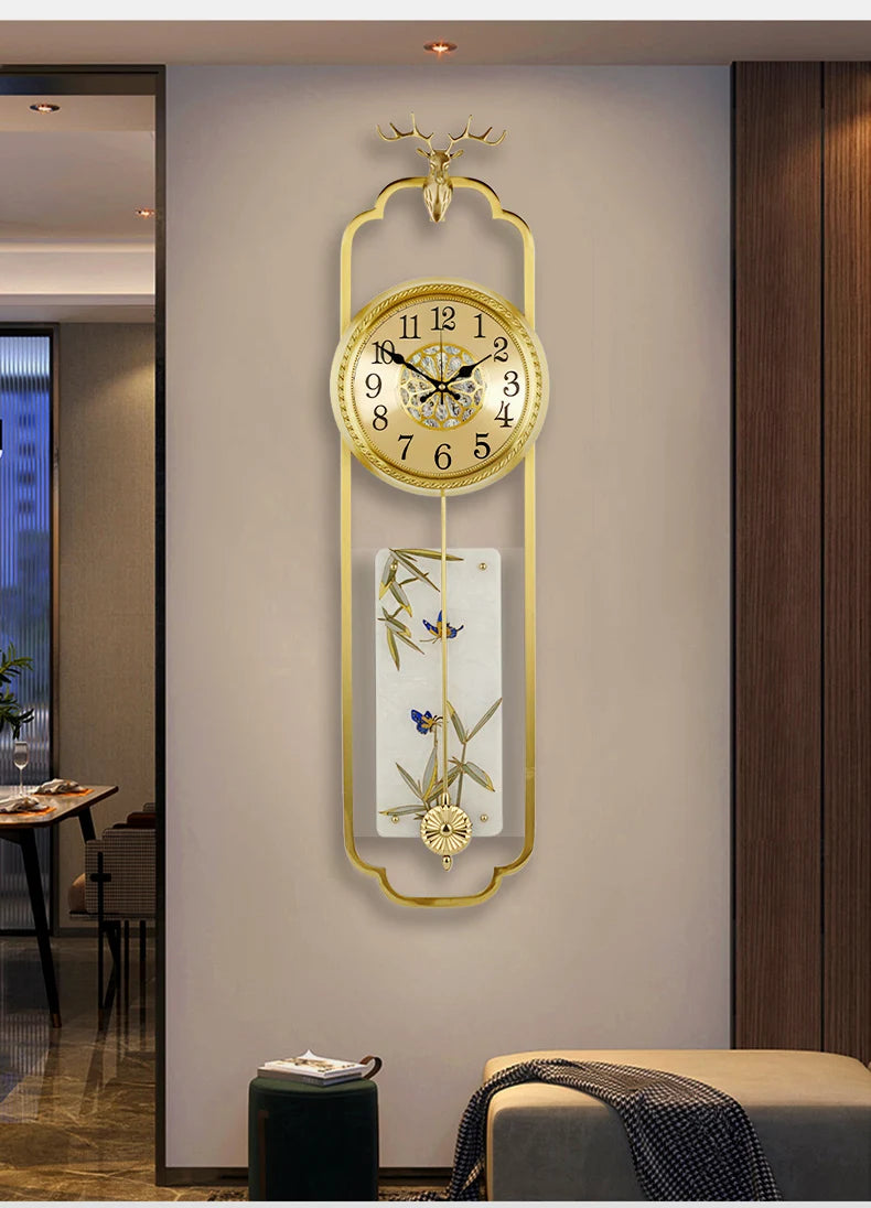 Wall clock, Chinese style light luxury pure brass living room wall clock, European retro creative art, atmospheric pendulum