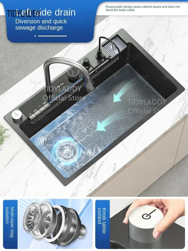 Luxury Digital Display Waterfall Kitchen Sink, Large Single Slot Nano Stainless Steel Sink, Honeycomb Embossed Washbasin