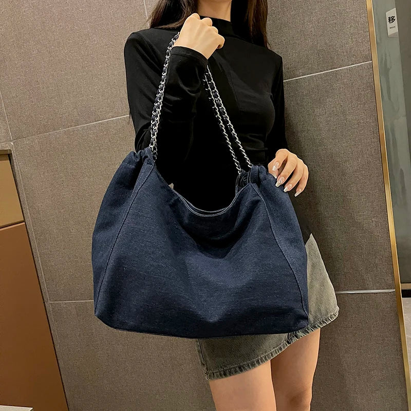 Chic Style Big Chain Shoulder Tote Bags For Women 2023 Luxury Designer Handbags Denim Fabric Pure Color Large Capacity Shoppers