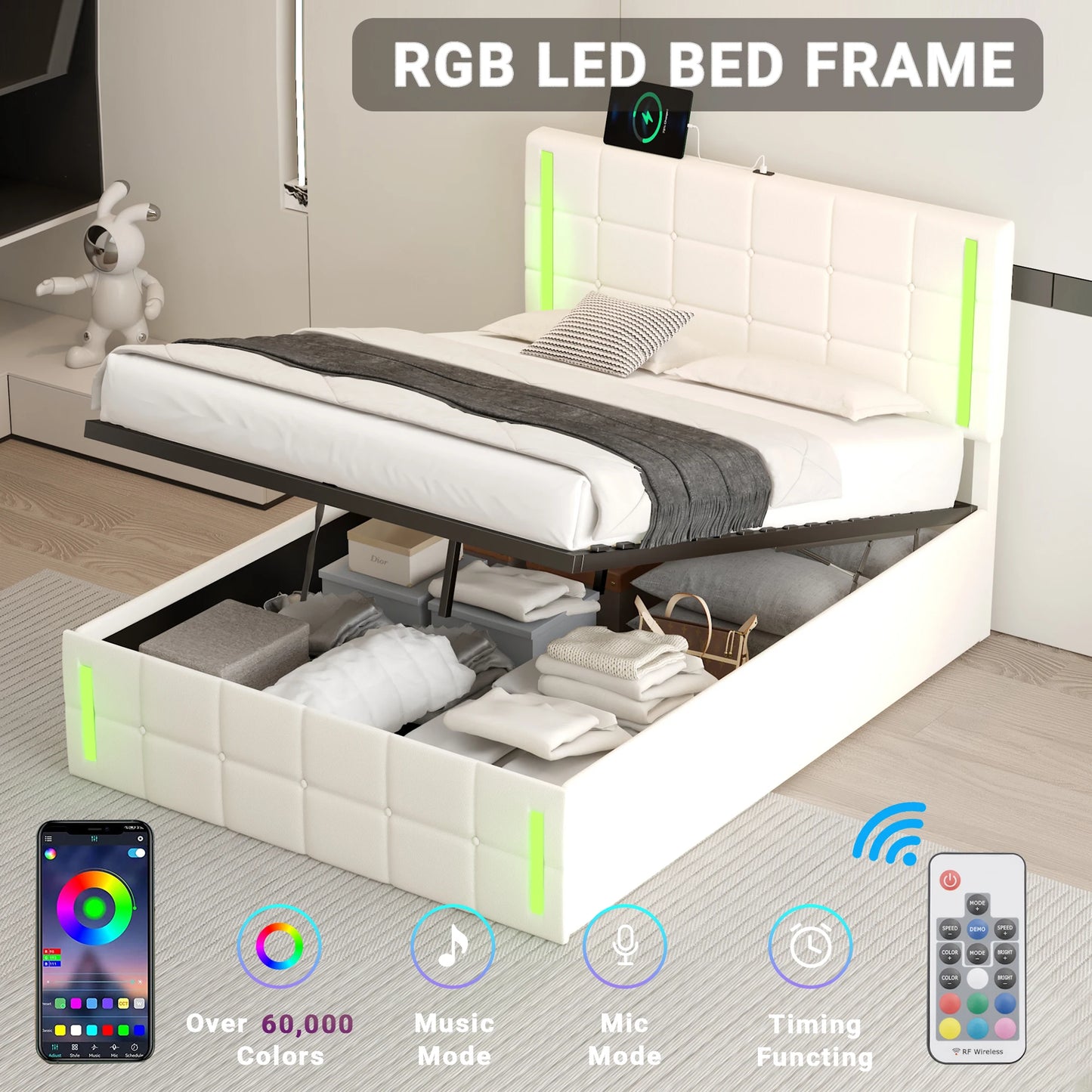 Full Size Upholstered Bed with LED Lights, Hydraulic Storage System and USB Charging Station, White  76.80x56.30x39 in.