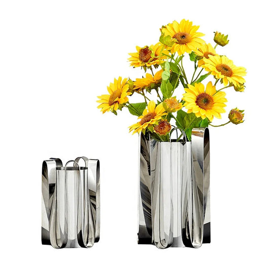 Light Luxury Modern Gold Dry Color Flower Ware, Silver Stainless Steel Wave Shaped Curved Metal Vase, Dining Table, Portico