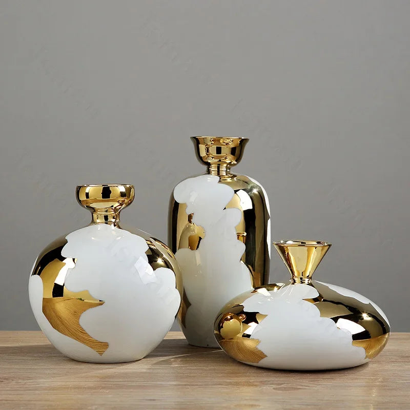 Nordic Flowing Gold Ceramic Vase Light Luxury Modern Living Room Desktop Ikebana Flower Arrangement Vases Set Home Decoration