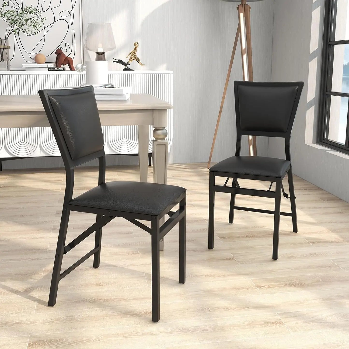 Folding Chairs Set of 2, Dining Chairs with Padded Seats, Sturdy Metal Frame, Floor Protectors, Space Saving Design, Fol