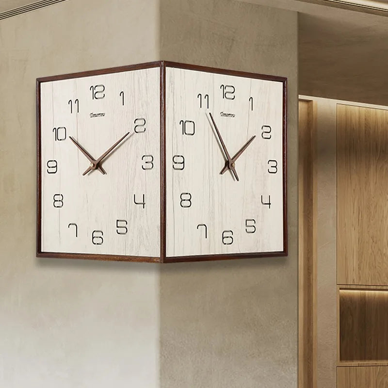 Punch-free solid wood corner double-sided wall clock modern minimalist corner two-sided clock home living room Nordic clock