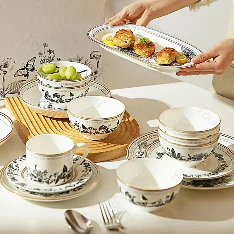 Retro Palace Style Ceramic Plate Set Light Luxury Coffee Shop Afternoon Tea Exquisite Dessert Plates Delicious Dishes Fish Plate