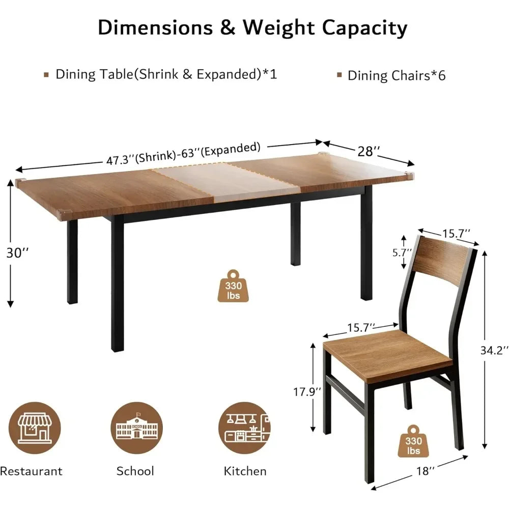 Dining Room Sets, 7 Pieces Table & Chairs Set for 4-8, 63" Extendable Kitchen Table and 6 Chairs, Dining Room Sets