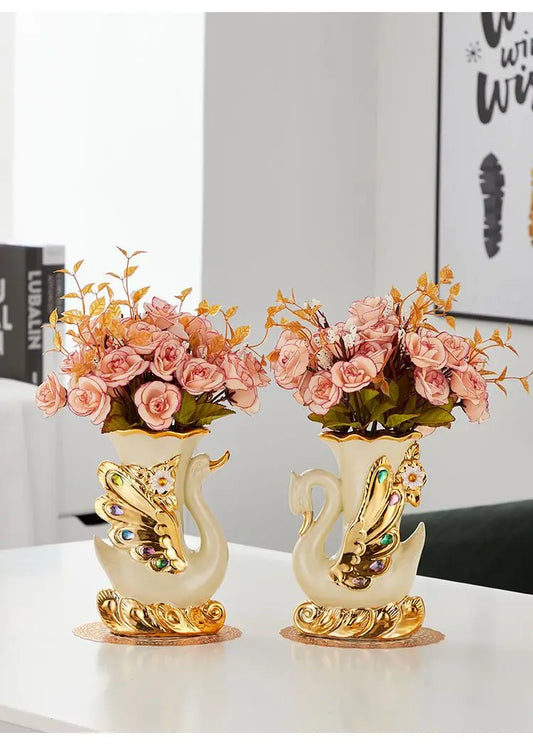 1pcs European Ceramic Gold Vase Arrangement Dining Table Home Decoration Accessories Creative Golden Swan Vases