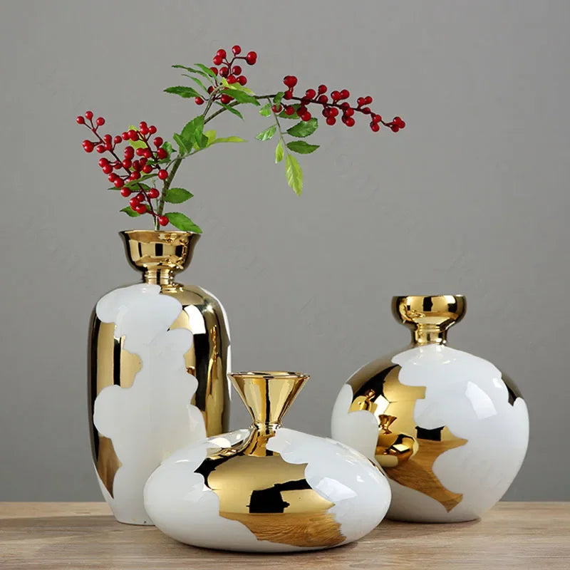 Nordic Flowing Gold Ceramic Vase Light Luxury Modern Living Room Desktop Ikebana Flower Arrangement Vases Set Home Decoration