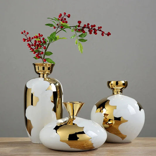 Nordic Flowing Gold Ceramic Vase Light Luxury Modern Living Room Desktop Ikebana Flower Arrangement Vases Set Home Decoration