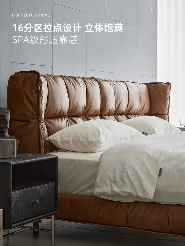 Luxury modern full leather bed, master bedroom, king bed, high-end grand double bed, simple pull point design, leather bed