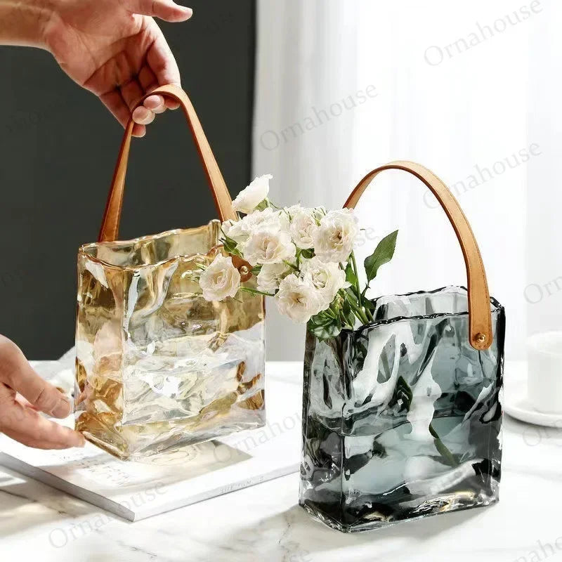 Creative Light Luxury Transparent Glass Vase Handheld Basket Bag Decoration Living Room Aquaculture Vases Garten Zubehör