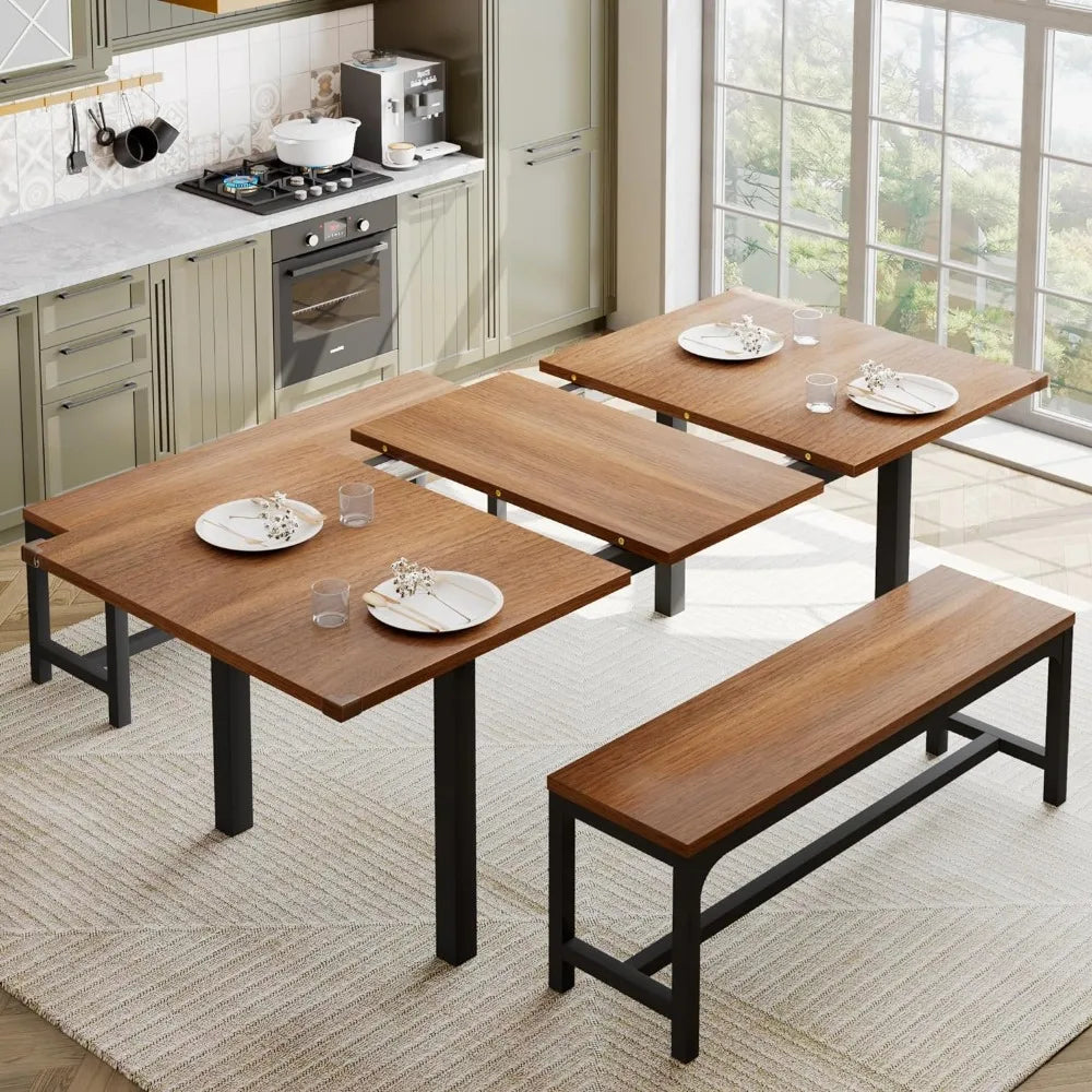 Feonase 63" Dining Table Set for 4-6, Extendable Dining Room Table with 2 Benches, 3 Pcs Kitchen Table for Small Space