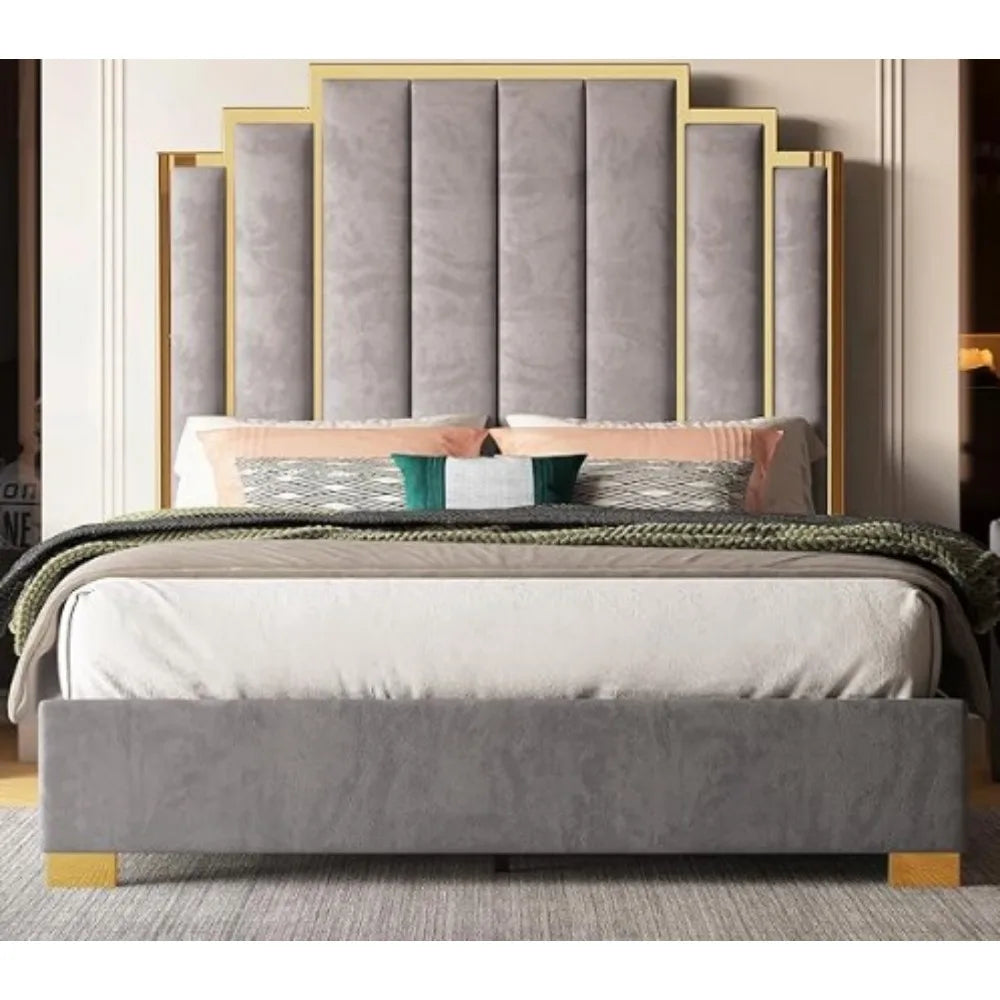 Queen Size Bed Frame, 61.4" Velvet Upholstered Beds with Gold Trim Headboard/No Box Spring Needed, Queen Size Bed Frame