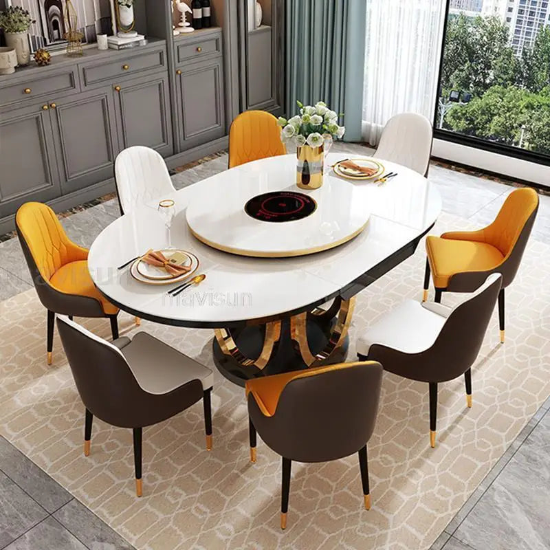 Combination Of Dining Table And 6 Chairs With Turntable Stainless Steel Frame Round Table Kitchen Furniture For Large Apartment