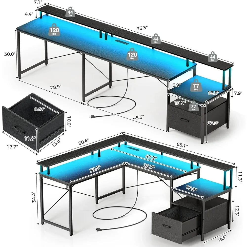 Computer Desk with File Drawer, 68" L Shaped Computer Corner Desk with Power Outlet & LED Strip, Home Office Desk with Monitor