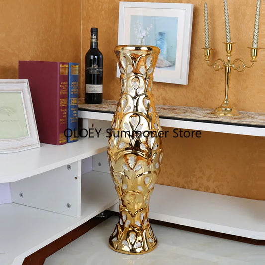 Grand Decorative 60 Cm Ceramic Floor Vase Luxury Gold Interior Creative Flower Vase Plant Pot Jarron Home Decor Aesthetic AA50VA