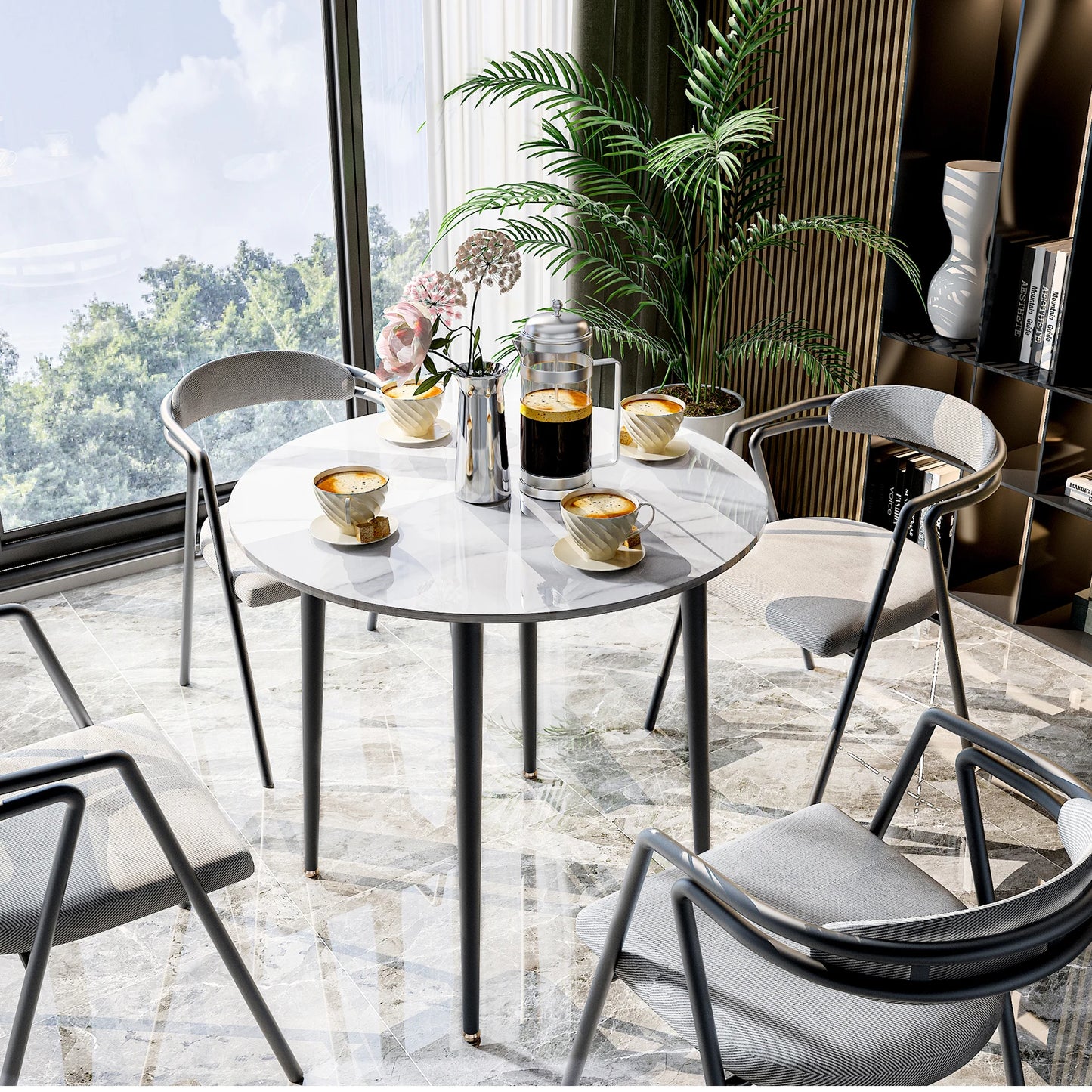 32" Sintered Stone Dining Table Round Reception Coffee Table for 2-4 Person - Small Kitchen Table with Black Metal Legs