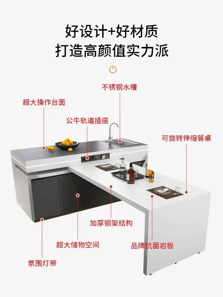 Slate dining table with integrated rotatable telescopic guide table open kitchen island foldable