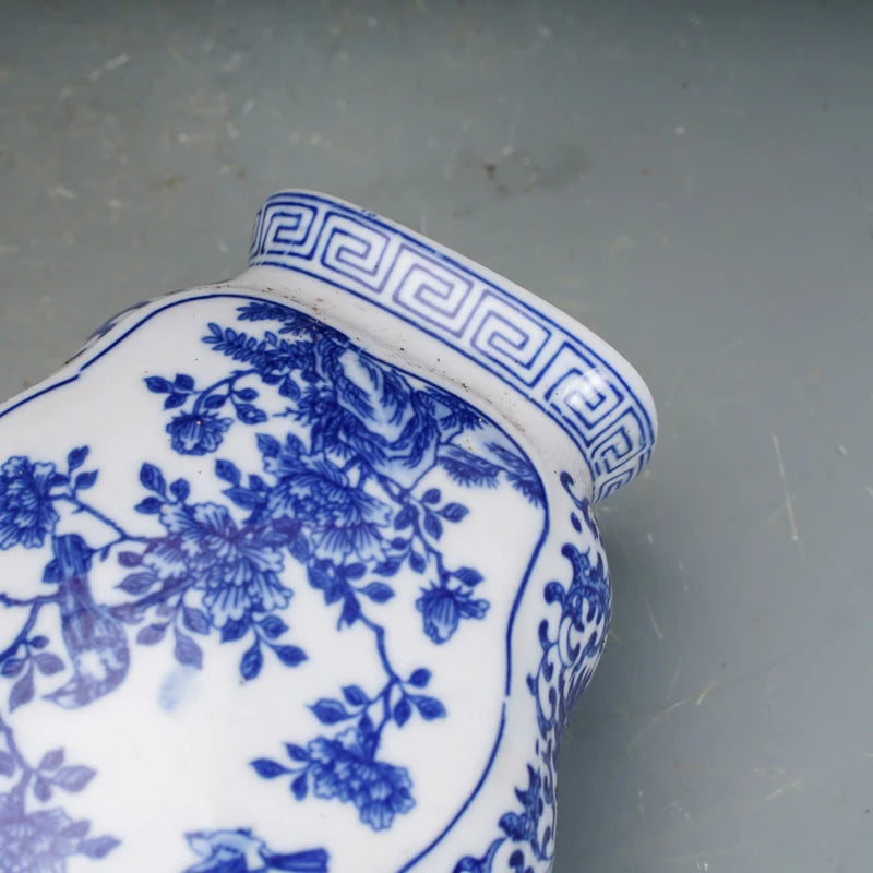 Qing Dynasty Qianlong Porcelain Blue And White Flower And Bird Design Two Ear Vase Antique Porcelain Jingdezhen Ornaments