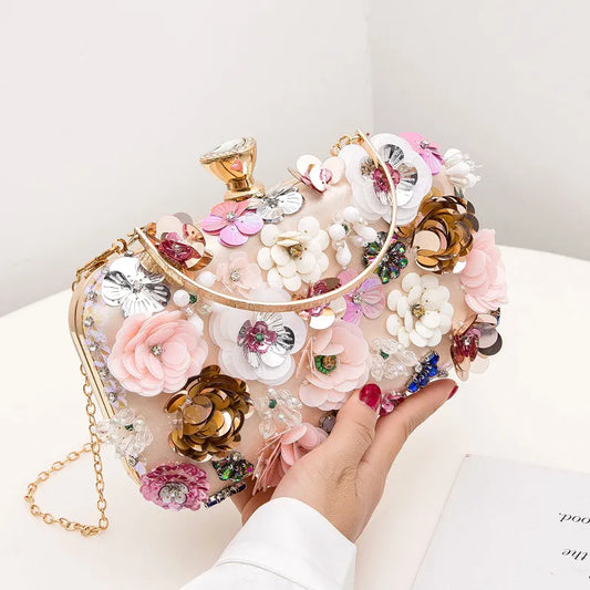 Fashion Women Bags Flower Diamonds Embroidery Small Clutch Luxury Lady Handbags Evening Bags New Arrival Chain Shoulder Purse